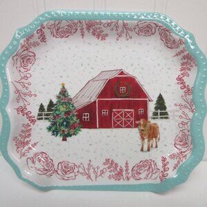Pioneer Woman Holiday Spoon Rest Red Barn Cow Christmas Tree White Melamine New